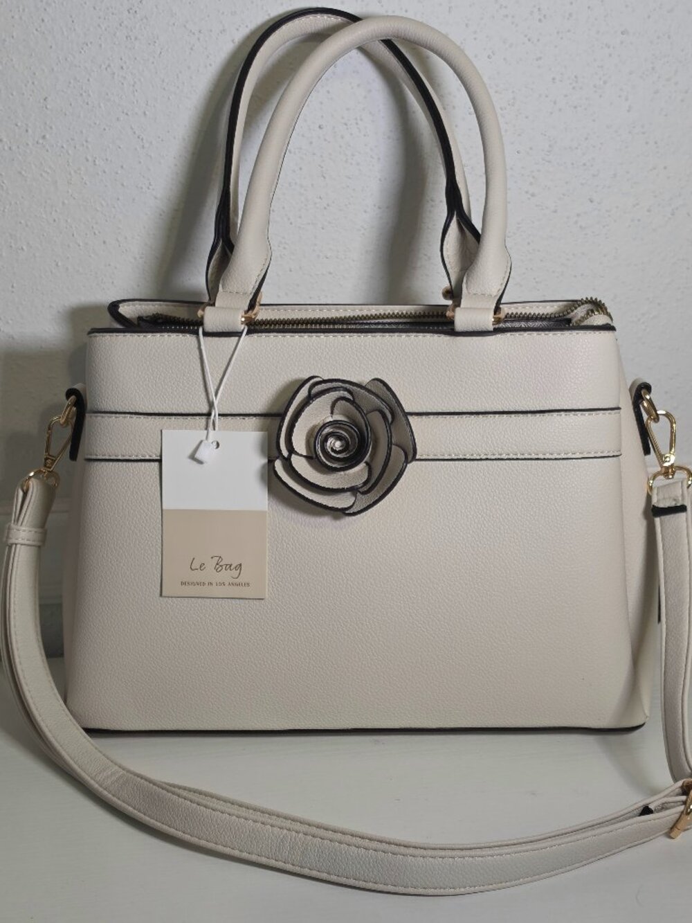 Le Bag NEW Ivory Colored Faux Leather Purse Handbag 3D Rose Three Sections